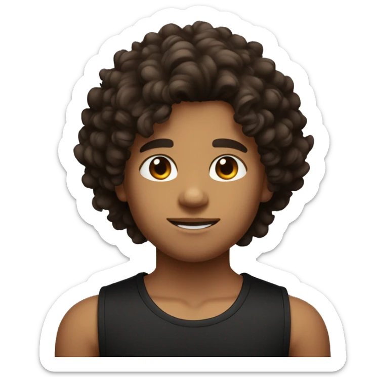 Boy with gradient hair on the sides and curly hair on top, dark brown eyes, wearing black tank top sticker