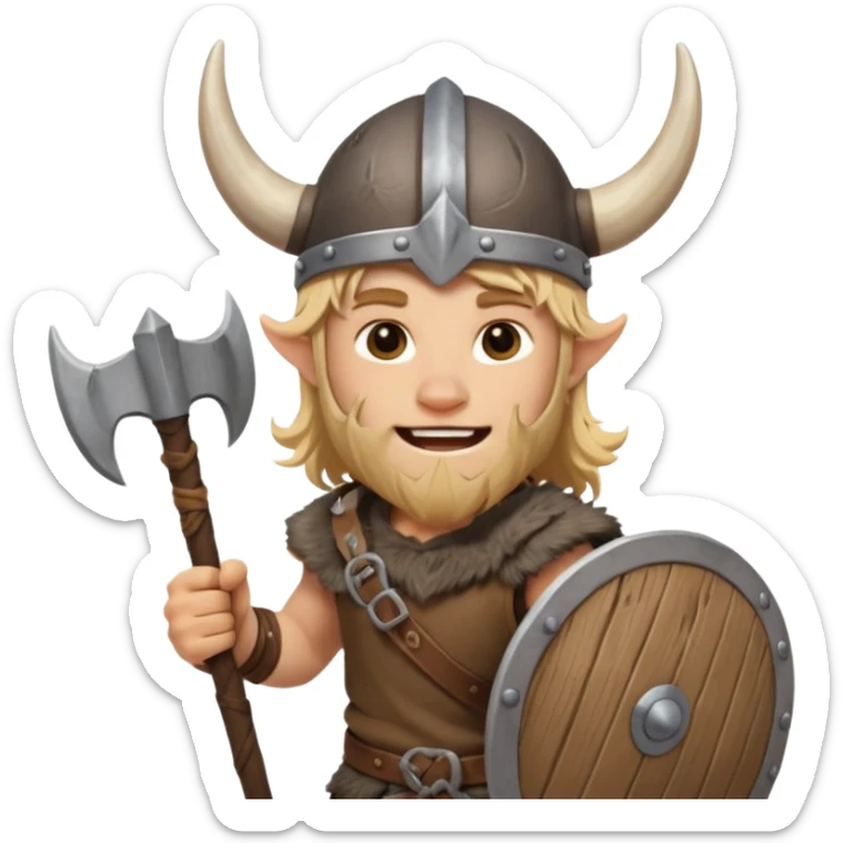 A young Viking warrior with messy hair, wooden shield, and fierce excited grin with horned helmet sticker