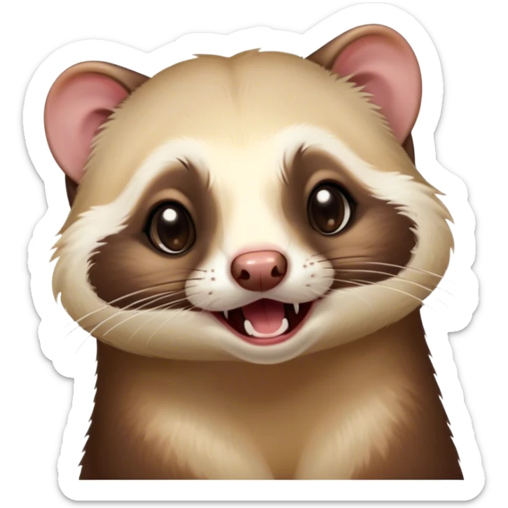 Cinematic Cute Yawning sable ferret Portrait Emoji, Head tilted slightly with an exaggerated, wide-open yawn, showcasing a long, flexible body with a plush fur in soft brown and cream, droopy, drowsy eyes, and a relaxed expression, Simplified yet irresistibly endearing features, highly detailed, glowing with a soft, cozy natural glow, high shine, relaxed yet expressive, stylized with a dash of whimsical charm, soft glowing outline, capturing the essence of a sleepy yet affectionate sable ferret that seems ready to curl up for a nap! sticker