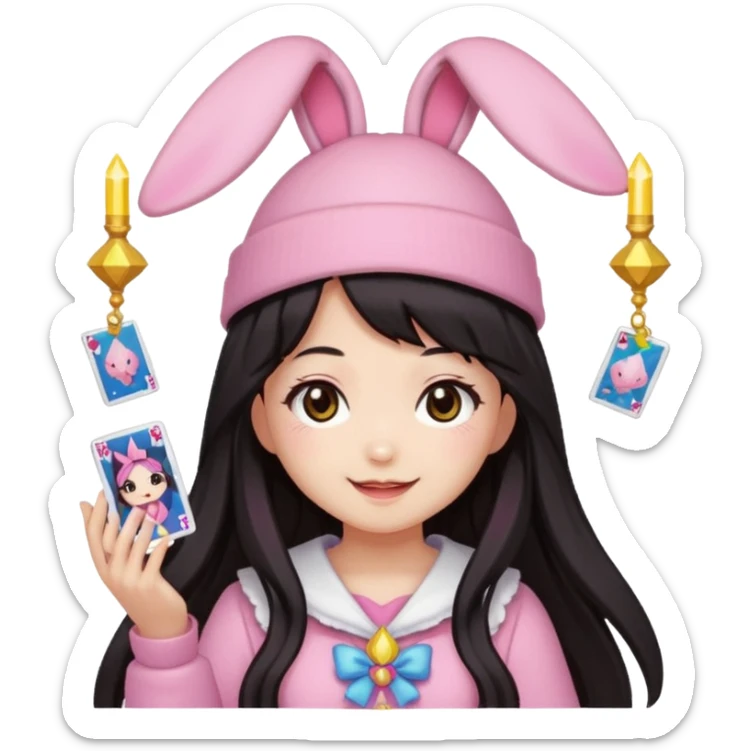pixel art chibi gear asian girl with dark long hair in pink bunny ears hat magical girl with kawaii tarot cards thrown in air pixel emoji sticker
