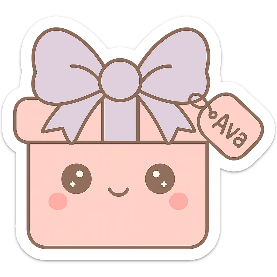 Add the name 'Ava' to the heart-shaped gift tag in the same kawaii style, with no background. sticker