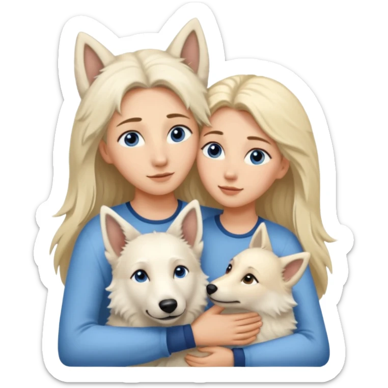 One White Shepard, short fur ,Brown eyes .the Dog ist huggin from one Long-haired blonde lady with blue eyes sticker