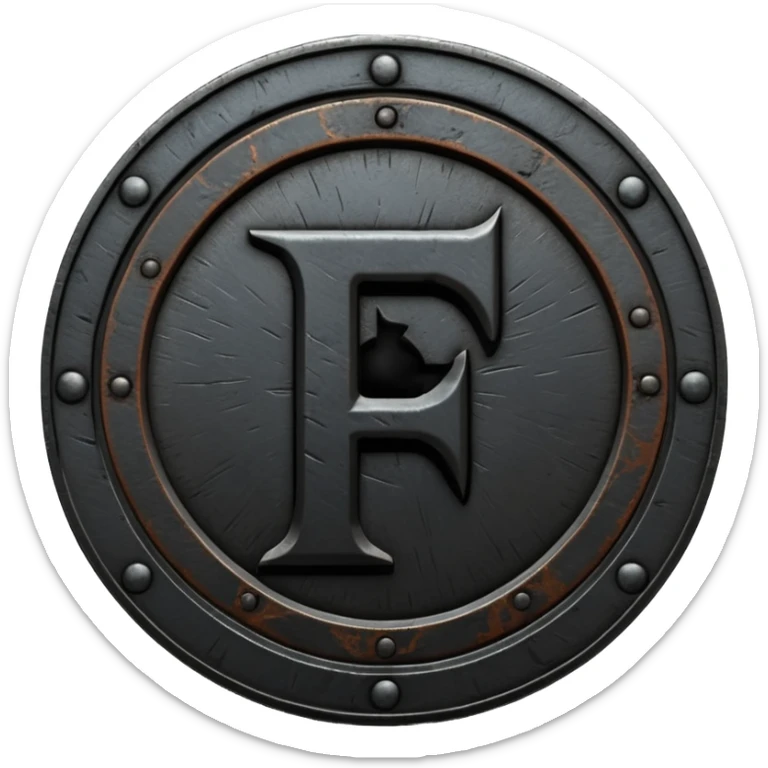 Minimal emoji, gothic metal coin made of black steel, engraved number f at the center, ancient industrial aesthetic, worn metal texture, no glow, no neon, flat emoji design, centered, transparent background sticker