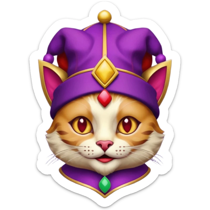 crazy colorful cute little cat jolly joker from poker, medieval, vintage, court jester, mac os icon, purple, gold and red color, head + torso. Squared shape as 3D mac os icon, symmetrical sticker