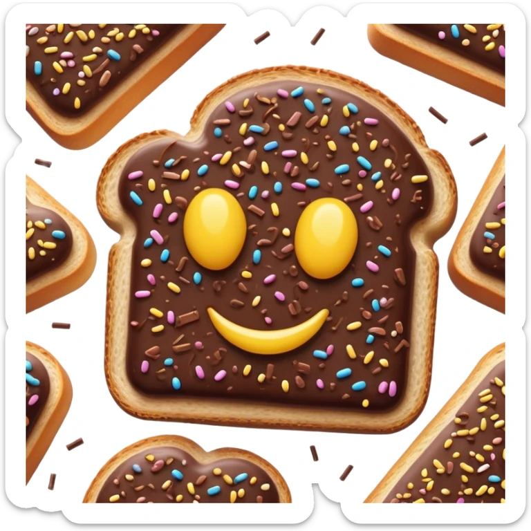 Cinematic Realistic Hagelslag Treat Emoji, depicted as crunchy chocolate sprinkles on buttered bread rendered with vivid textures and playful, inviting lighting. sticker
