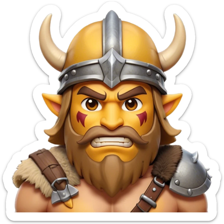 Clash of Clans aesthetic friendly Barbarian Portrait Emoji, Poised and bold with a rugged yet cartoonish build in tattered furs and a horned helmet, his face rendered in a natural skin tone (not yellow), expressive bright eyes and a confident smirk, Simplified yet dynamic features, highly detailed, glowing with a vivid, adventurous aura, high shine, heroic and spirited, stylized with an air of medieval warrior charm, focused and energetic, soft glowing outline, capturing the essence of a fearless barbarian adventurer ready to lead his clan with spirited valor! sticker