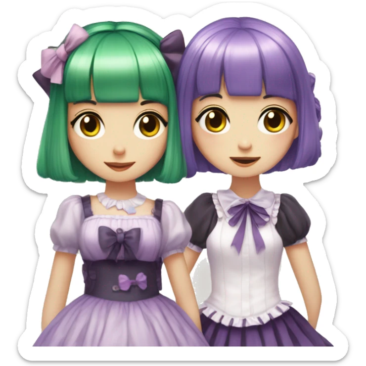 green haired girl with bang wears lolita dress and hugs girl with short purple hair sticker
