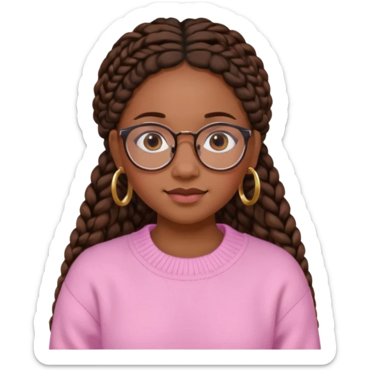 cute  black adult girl with glasses and braids that are long which are brown, and some blush on her cheeks , in a pink sweater and some gold hoop earings . sticker