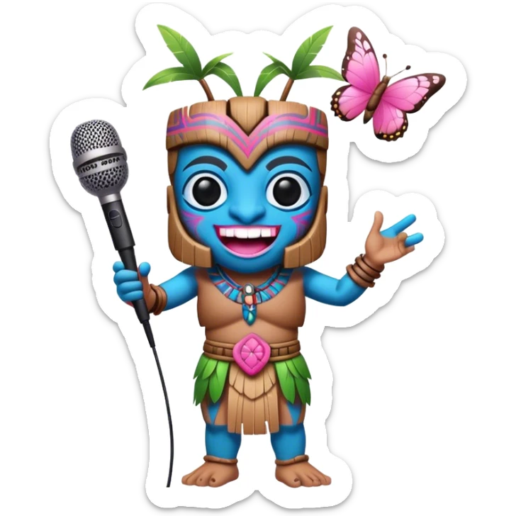 Cartoon Blue and pink tiki dancing with butterfly and mikrophone sticker
