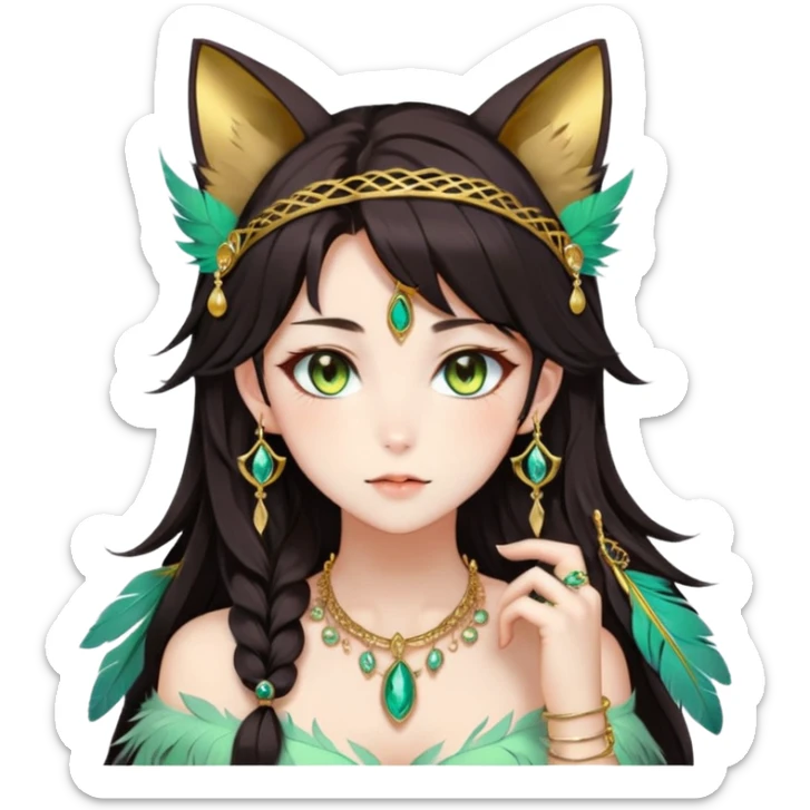 Beautiful gorgeous anime lady with beautiful dark-brown-special-hair, fashion aesthetic, ethereal, feather, accessories, gold jewelries, gold, colorful, feline ears, hazel-green eyes sticker