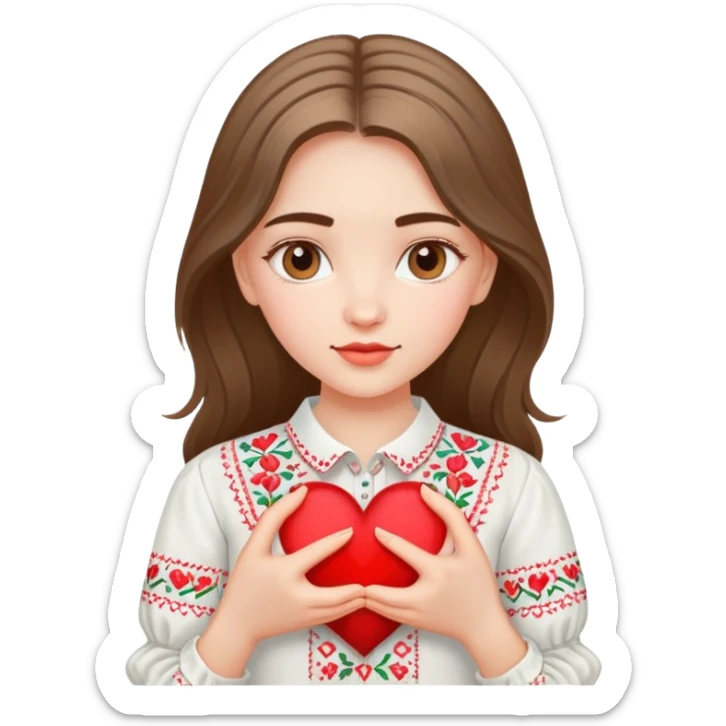 Beautiful young girl in a white Ukrainian embroidered shirt holds a large embroidered heart in her hands sticker