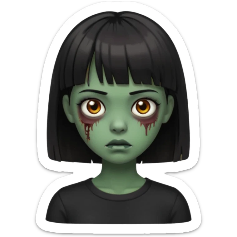 Zombie girl emoji verde escuro com cabelo curto liso preto no ombro e franja na altura da sobrancelha cobrindo completamente a testa, com uma blusa preta, olhos castanhos escuros sticker