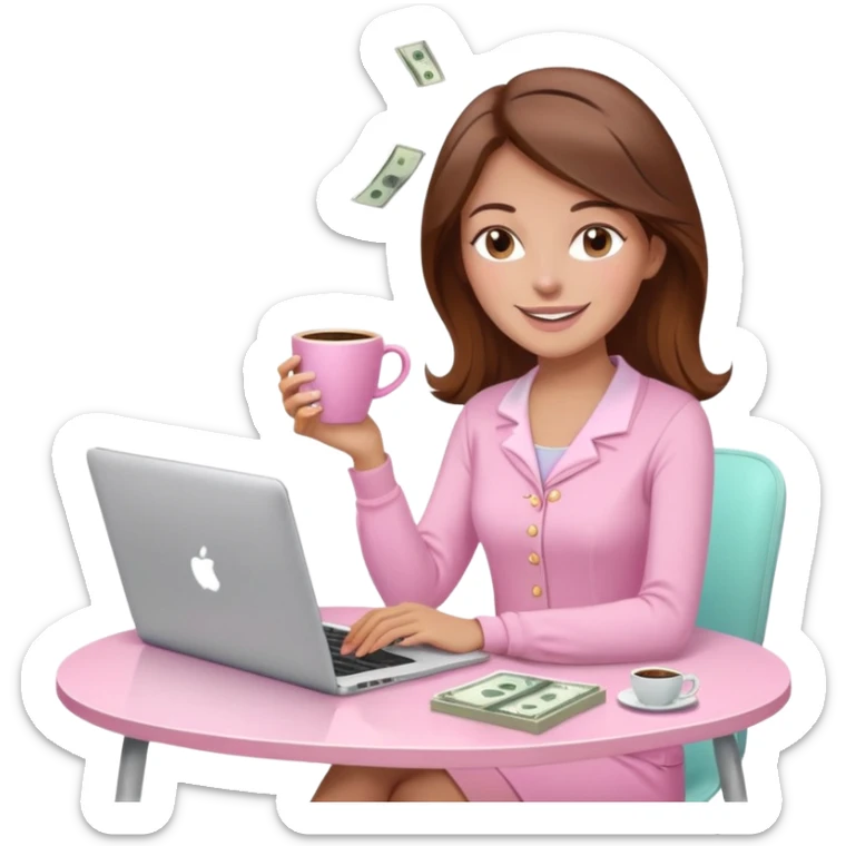  woman character with laptop and coffee relax table, dollars are floating, colorful pastel pink outfit, white laptop, brownn hair, fair skin,  sticker
