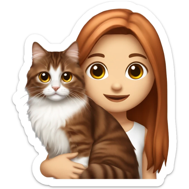 Copper red straight long haired dark brown eyed girl holding tabby and white Siberian cat sticker