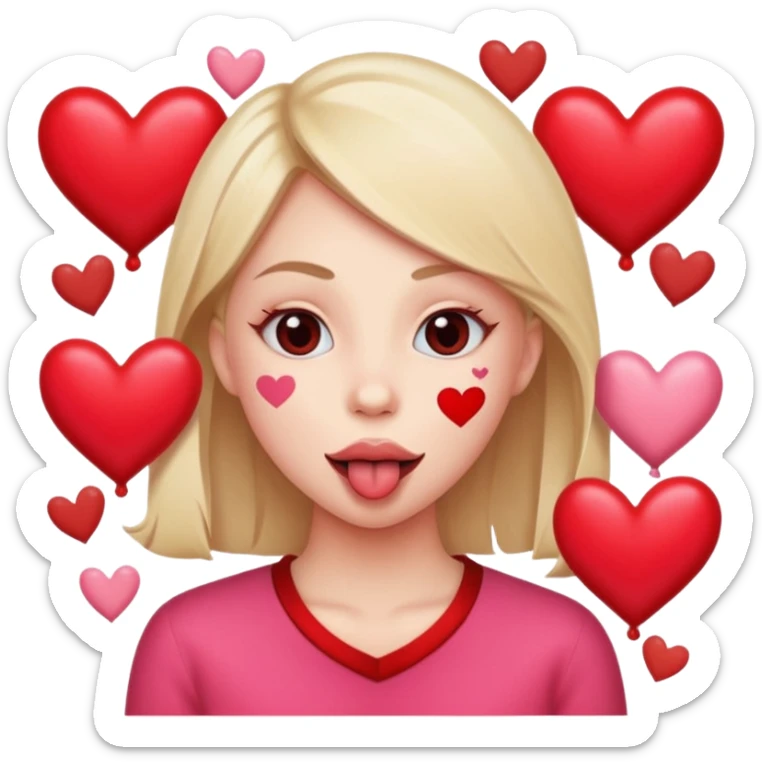 A cross eyed person with their tongue out far with Valentine’s Day decor/hearts around sticker