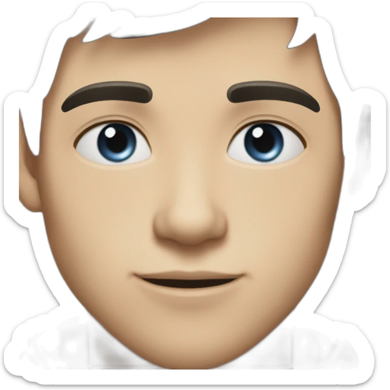 portrait of 18 years old guy, dark brown hair bangs to the left, blue gray eyes, black T-shirt sticker