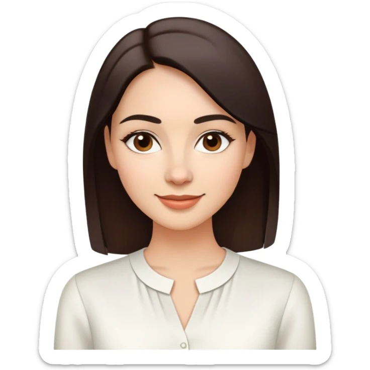 Young woman in her 30s with light skin, oval face, soft features, large dark brown eyes, medium eyebrows, small nose, friendly smile, long straight dark brown hair, wearing a white elegant blouse sticker