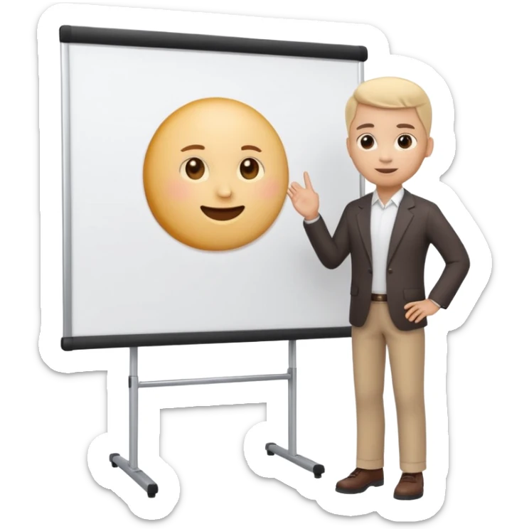 A clean emoji-style illustration of a person giving a presentation, standing next to a large presentation board on a stand, the board is oversized and clearly visible, no podium, no desk, no table, friendly proportions, soft 3D emoji style sticker