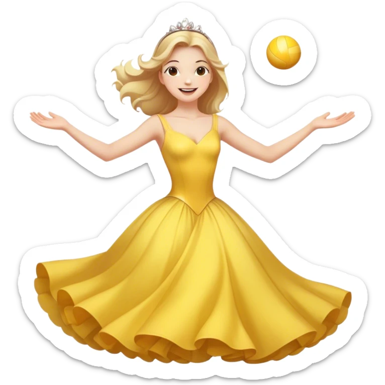 Cinematic Playful Belle Portrait Emoji, Spinning joyfully in her ball gown, arms outstretched, a radiant smile lighting up her face, exuding an enchanting blend of fun and elegance! sticker