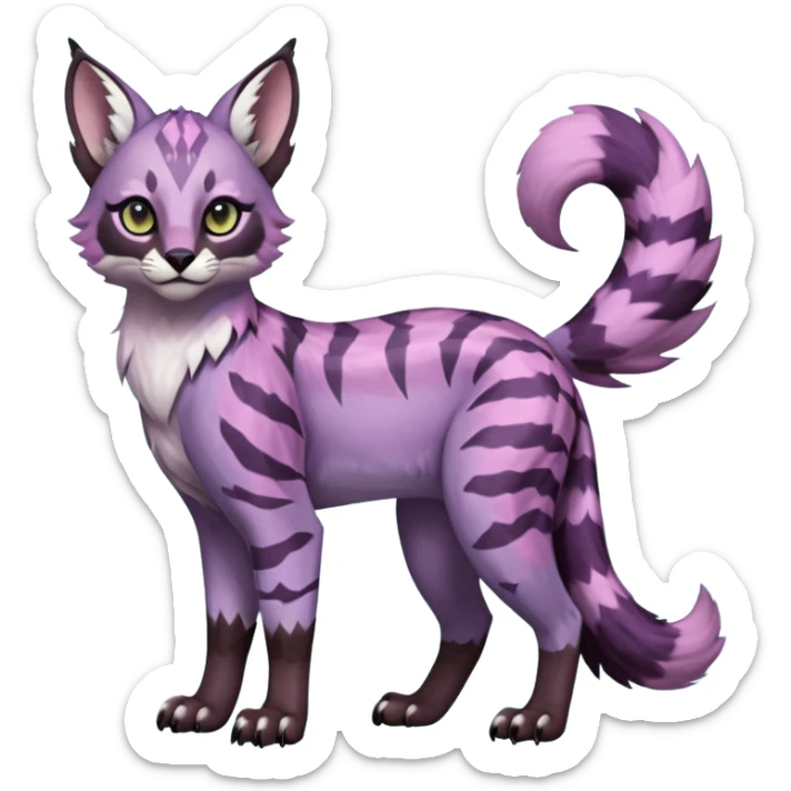 Cute kawaii cool edgy badass Colorful pale minty lilac onyx fruity glorious exotic neon vibrant zigzagged fantasy-caracal-civet-genet-sergal-vernid-Gryphon-Cacomistle-Trico-oncilla-animal-Fakémon-hybrid-fursona (full body), facial markings, (realism style) sticker