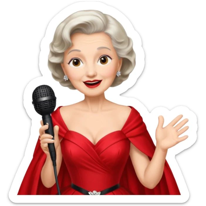 Older woman – elegant gown, 50s, diva, red dress, singing into mic sticker