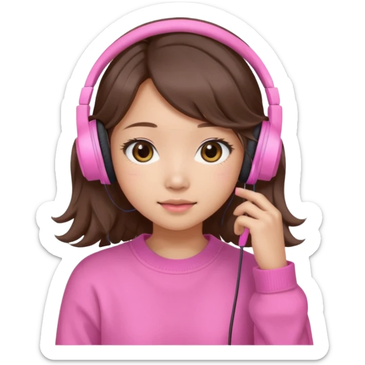 a asian japanese girl with wavy silky brown hair and no bangs. she has a cute pink gaming headphones. she is wearing a cute pink sweater  sticker