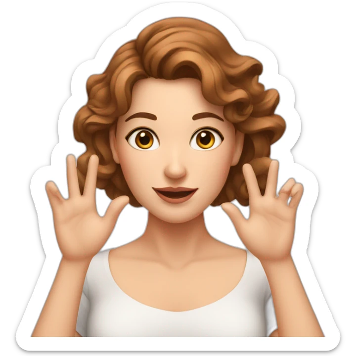 white woman, brown wavy hair, making heart gesture by hands, long earrings sticker