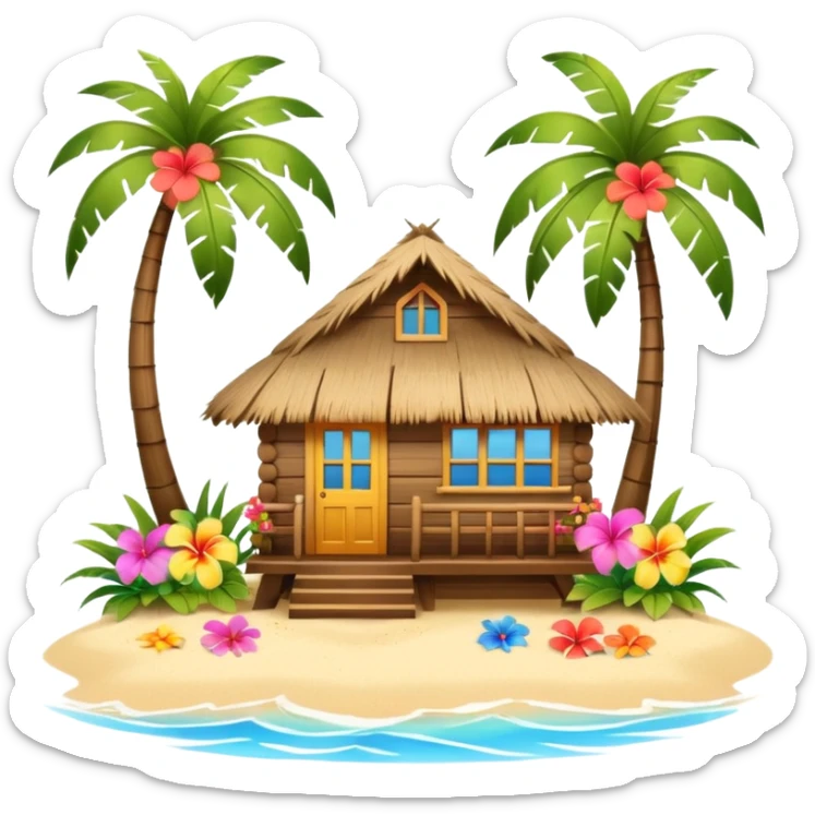 Hawaiian beach house, small tropical house, wooden walls, thatched roof, colorful flowers, palm trees, cute mobile game icon, 3D cartoon, bright colors, soft shadows, clean background, no text, no watermark sticker