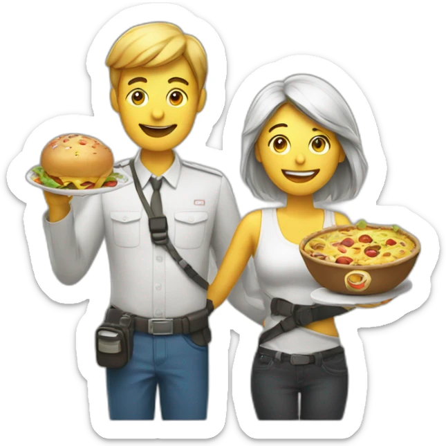 man woman with camera in one hand and food in other hand, happy smiling sticker
