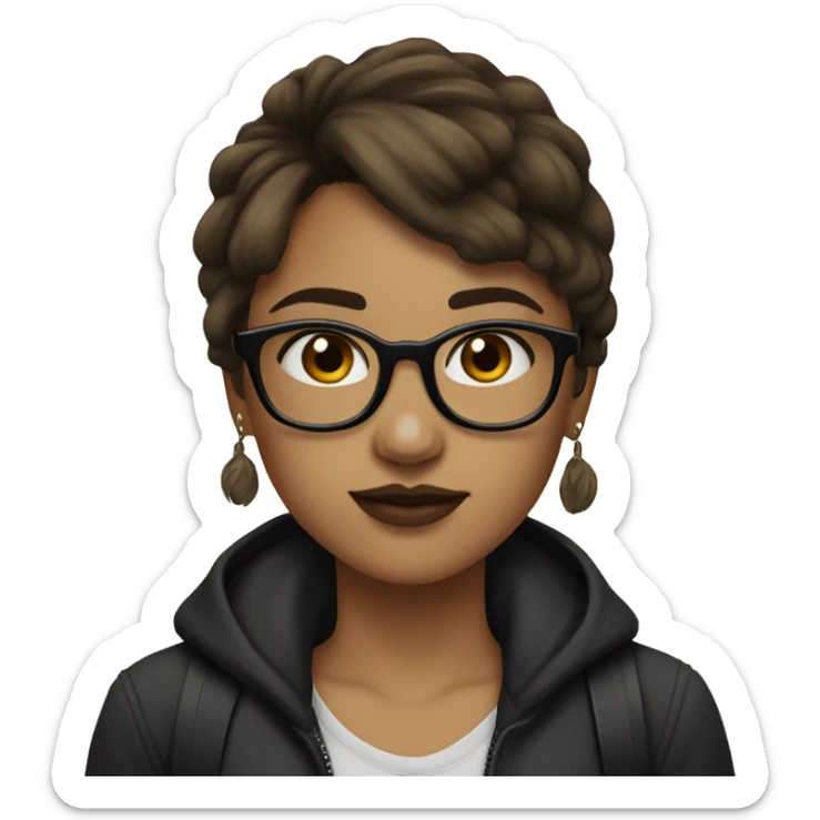 Girl with brown hair, short fringe, black glasses and a septum piercing sticker