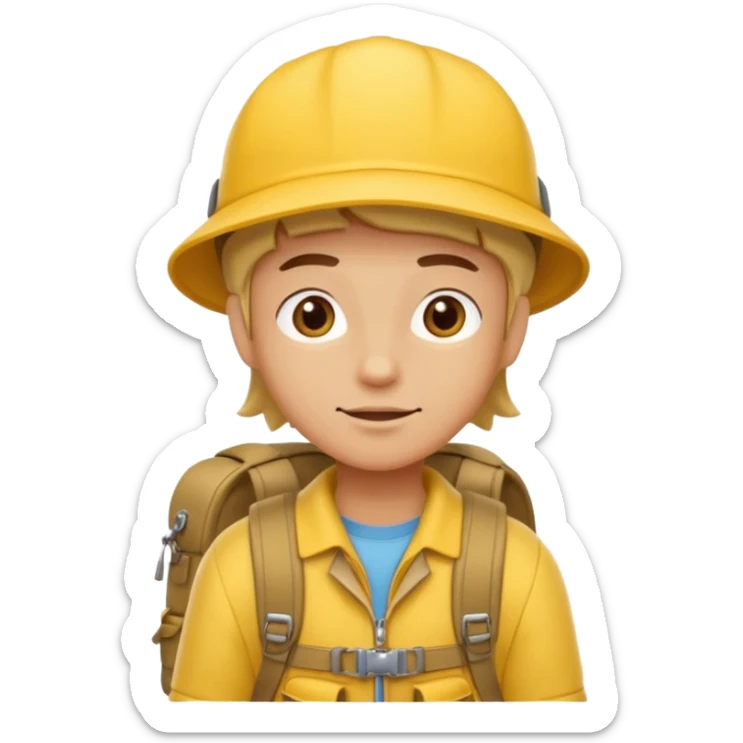 Cartoon explorer wearing a yellow cap and yellow backpack, casual outdoor outfit sticker
