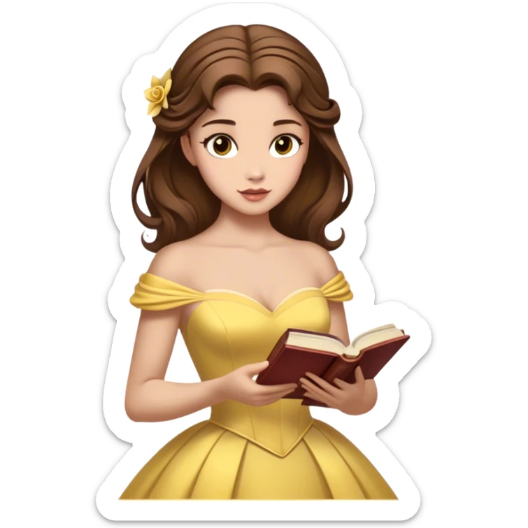 Cinematic Realistic Belle Portrait, depicted with lifelike skin texture, soft natural lighting, and intricately detailed brown hair styled elegantly. Her deep, expressive eyes exude warmth and intelligence, complemented by a serene and graceful expression. She gently holds a book in one hand, her other hand resting at her side, radiating an aura of beauty and intellect. She is dressed in her classic yellow ball gown, the fabric rich in texture with delicate folds that catch the light beautifully. The portrait features a soft, enchanting glow with a natural, radiant finish, capturing the essence of timeless beauty in a realistic and painterly style, evoking a sense of depth and authenticity. sticker