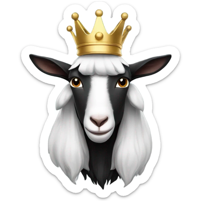 black and white Goat with horns wearing a black hoodie and big royal crown sticker