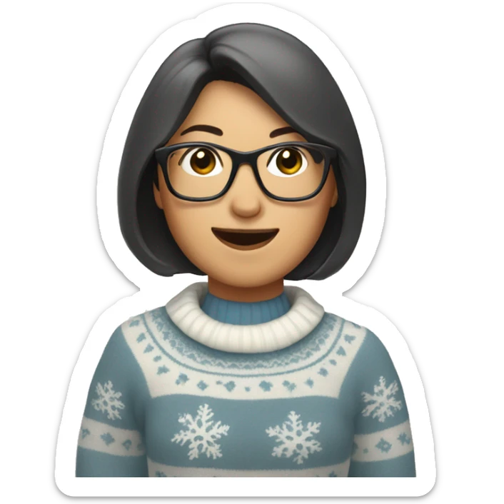 Asian woman with GLASSES AND bob, WEARING A frosty snowman sweater, shaking a cowbell sticker