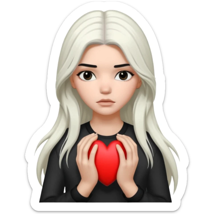 A Kendall Jenner with long white hair is sad and holds a black heart in her hands sticker