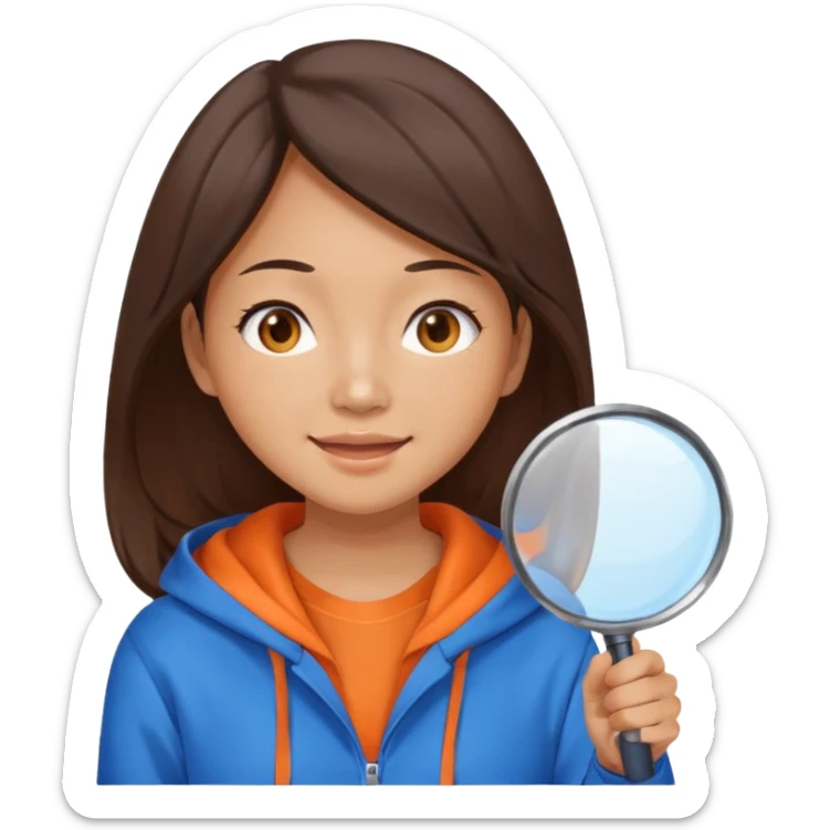 A brunette smiling asian woman wearing orange-blue hoodie holding a large magnifying glass and squinting at something to intently sticker