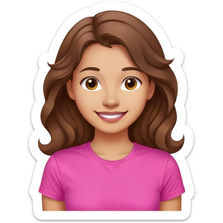 A young woman with long, wavy brown hair . She is wearing a vibrant pink t-shirt. She has a  warm glow on her face, and she has a gentle smile with a confident and relaxed posture.  sticker