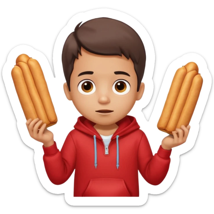 ute funny Spanish cartoon boy named Peque Tito, red hoodie, denim shorts, big expressive eyes, holding a churro, Pixar-style, viral character.” sticker