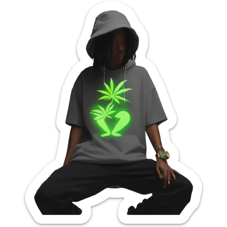 Hemp leaves Multicoloured neon person smoking wearing hoodie dancing hip hop bucket hat tropical Skater fashion aesthetic baggy clothes graphic t shirt 420 sticker