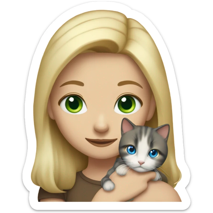 blonde girl with blue eyes,  holding a calico cat with green eyes sticker