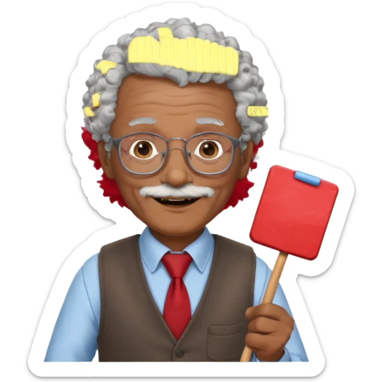 old man teacher, brown skin, curly grey white hai, wearing glasses, brown vest, red tie hold chalk on hand sticker