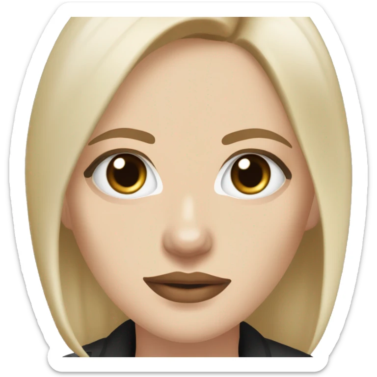 Slavic woman with blue eyes, fair skin, straight brown hair with blonde streaks medium bob, goth eyes makeup, beige lips, dressed in white T-shirt and office black jacket. sticker