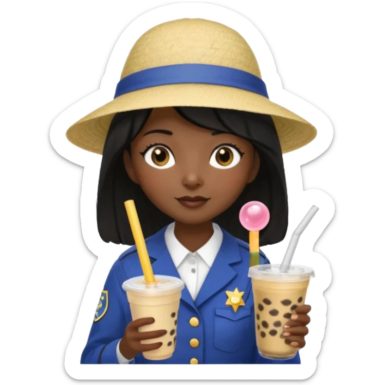 A Mysterious Elderly Female with Dark skin and Straight hair, wearing a Uniform outfit, a Sunhat, No glasses, carrying a Enchanted staff, working as a scientist, while drinking Bubble tea and reading a Journal. sticker