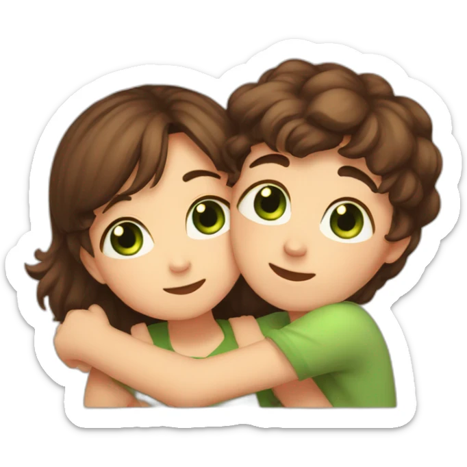 Girl with brown eyes and brown hair kisses the boy with brown hair and green eyes and hugs brown cats sticker