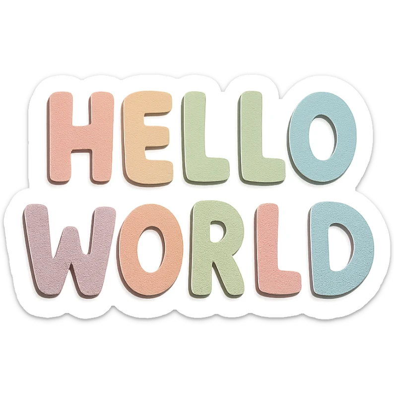 "Hello World" in soft pastel rainbow cute bold letters, hand-drawn rounded font, no outline, transparent background sticker