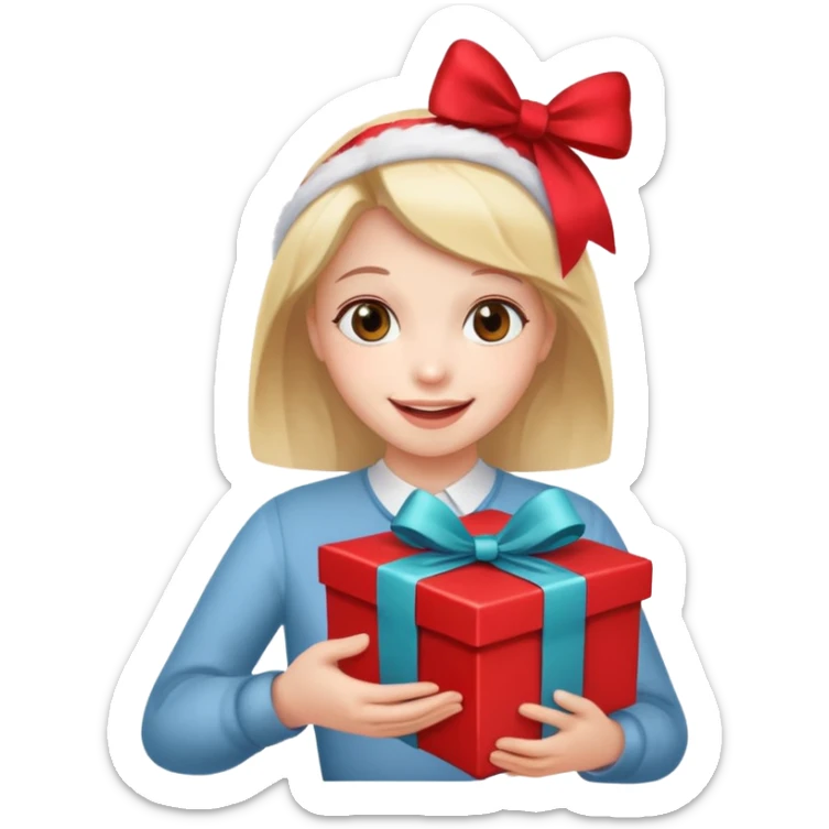 glückliche Person mit Paket, Paket mit Schleife, Person lächelt sticker