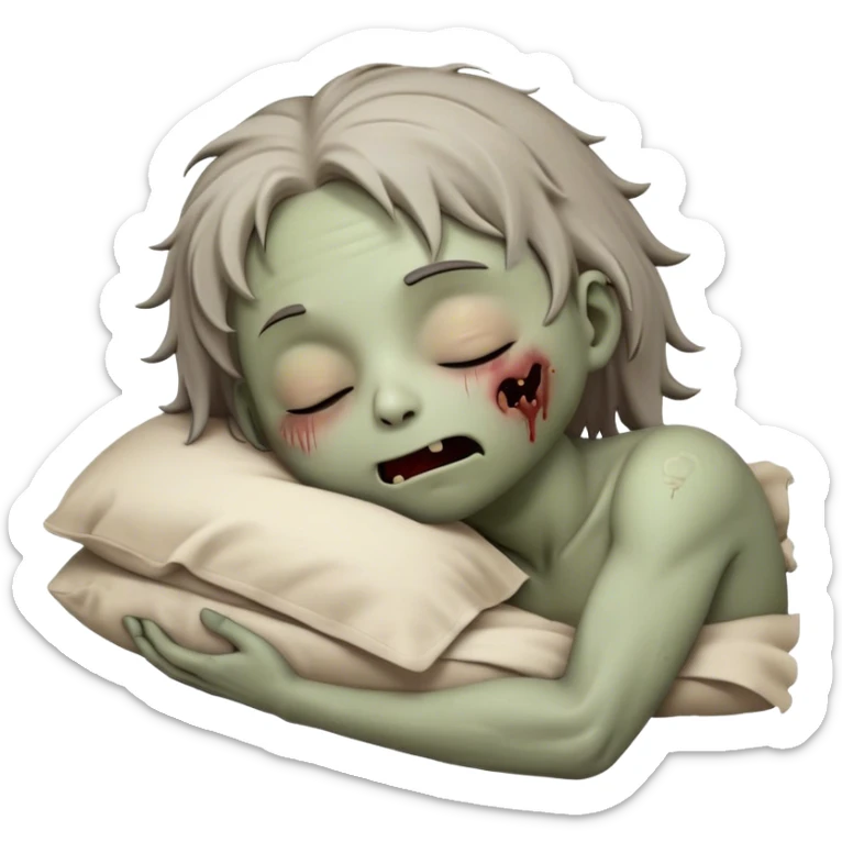 Meme-Worthy Cute Sleeping Zombie Portrait Emoji, with a delightfully quirky, slightly disheveled decaying face in soft ashen hues, head tilted back in peaceful, relaxed sleep with softly closed eyes and a tiny, endearing smile, simplified yet irresistibly charming, highly detailed with a soft eerie glowing outline that captures the gentle, unexpected cuteness of a zombie in serene repose! sticker