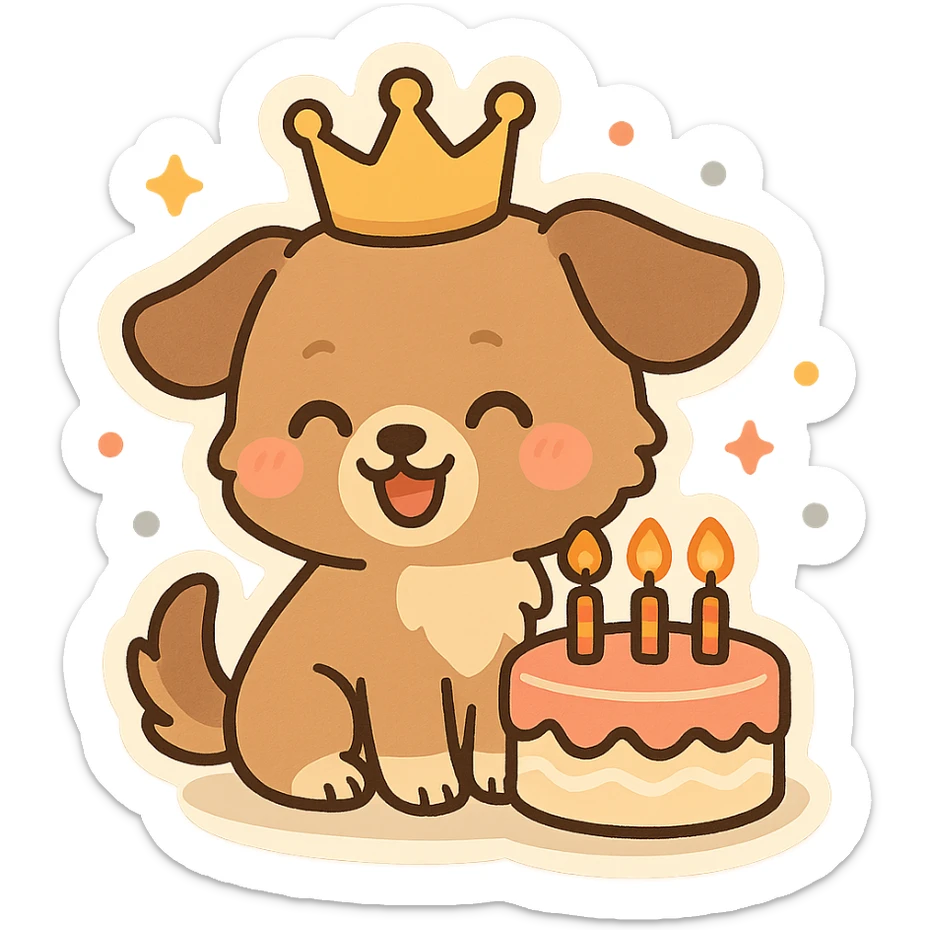 cute dog wearing a birthday crown, sitting next to a birthday cake, cheerful and festive, simple background sticker