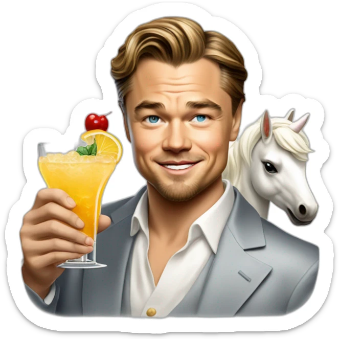 Leonardo DiCaprio smiling, raising a glass of cocktail and riding a white unicorn as a rich billionaire sticker