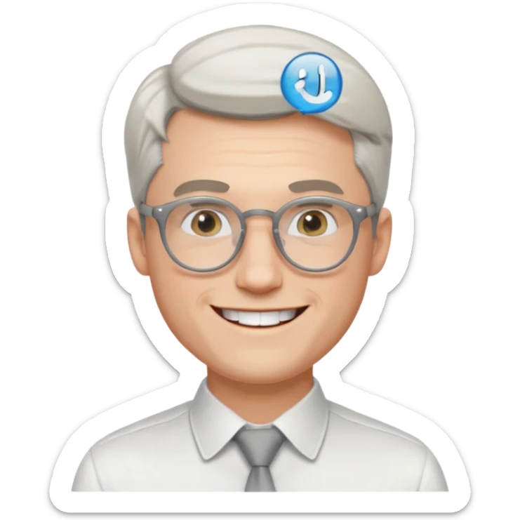 30 yr old pale white man, white/grey side swept stylish hair, round glasses, big smile, white teeth, handsome, longer hair, thin glasses, white dress shirt sticker